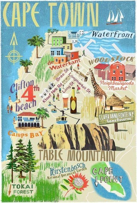 mapa ng apat na mga atraksyon sa isang mapa ng Cape Town