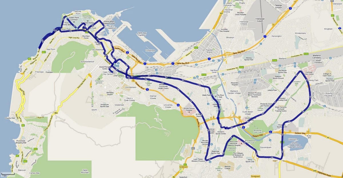 mapa ng Cape Town marathon ruta 