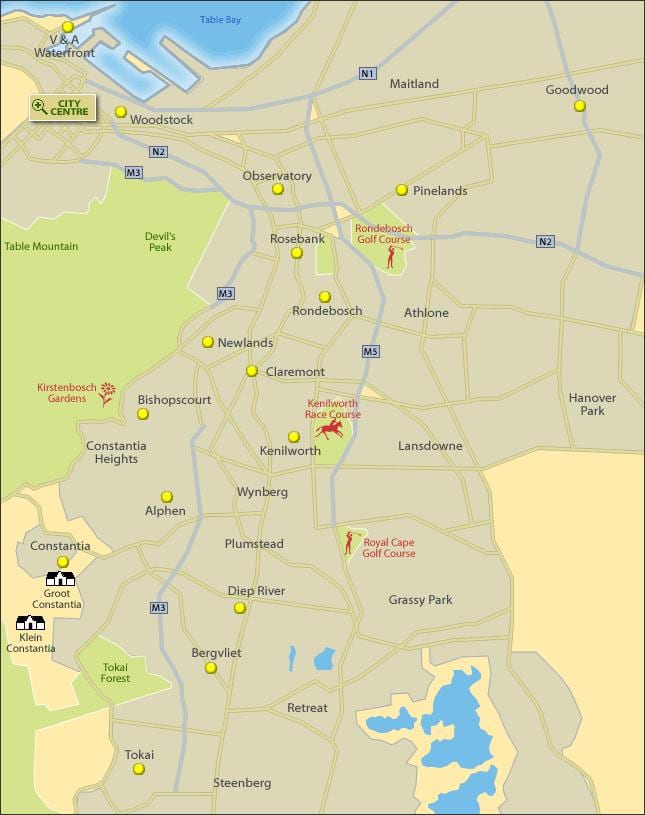 mapa ng Cape Town timog suburbs