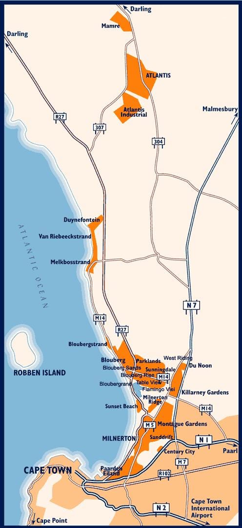 mapa ng kanlurang baybayin ng Cape Town