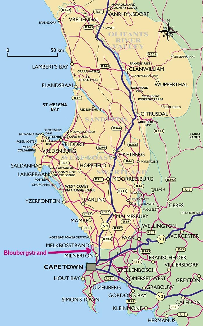 mapa ng kanlurang baybayin ng Cape Town