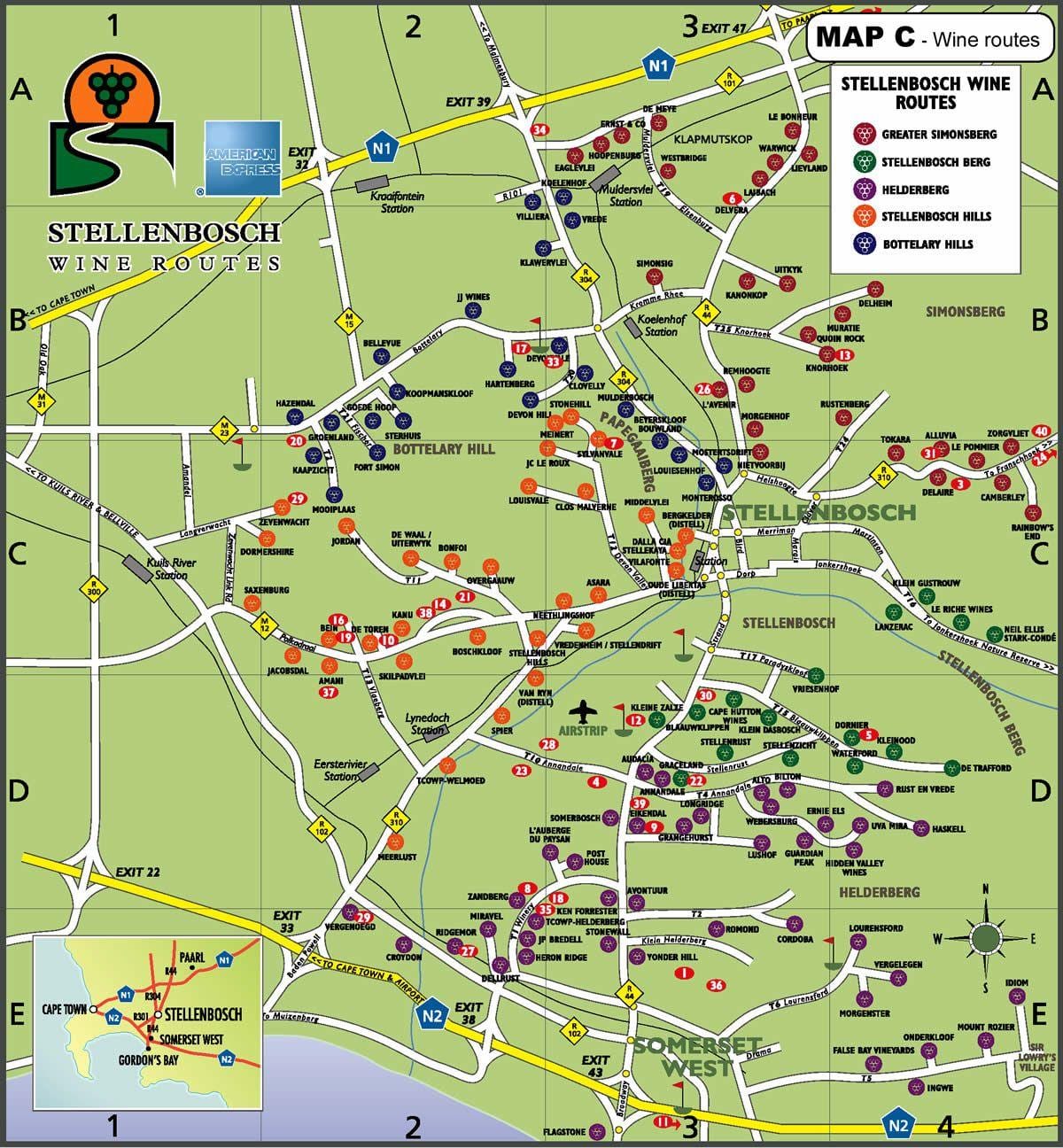 mapa ng mga ruta ng alak mapa ng kalsada sa Cape Town