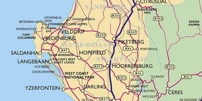 Mapa ng kanlurang baybayin ng Cape Town